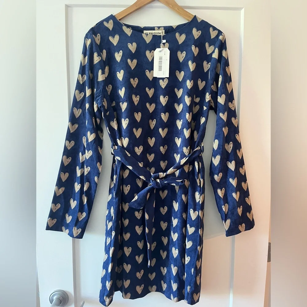 Heart Patterned Blue Mini Dress - Picture 1 of 2